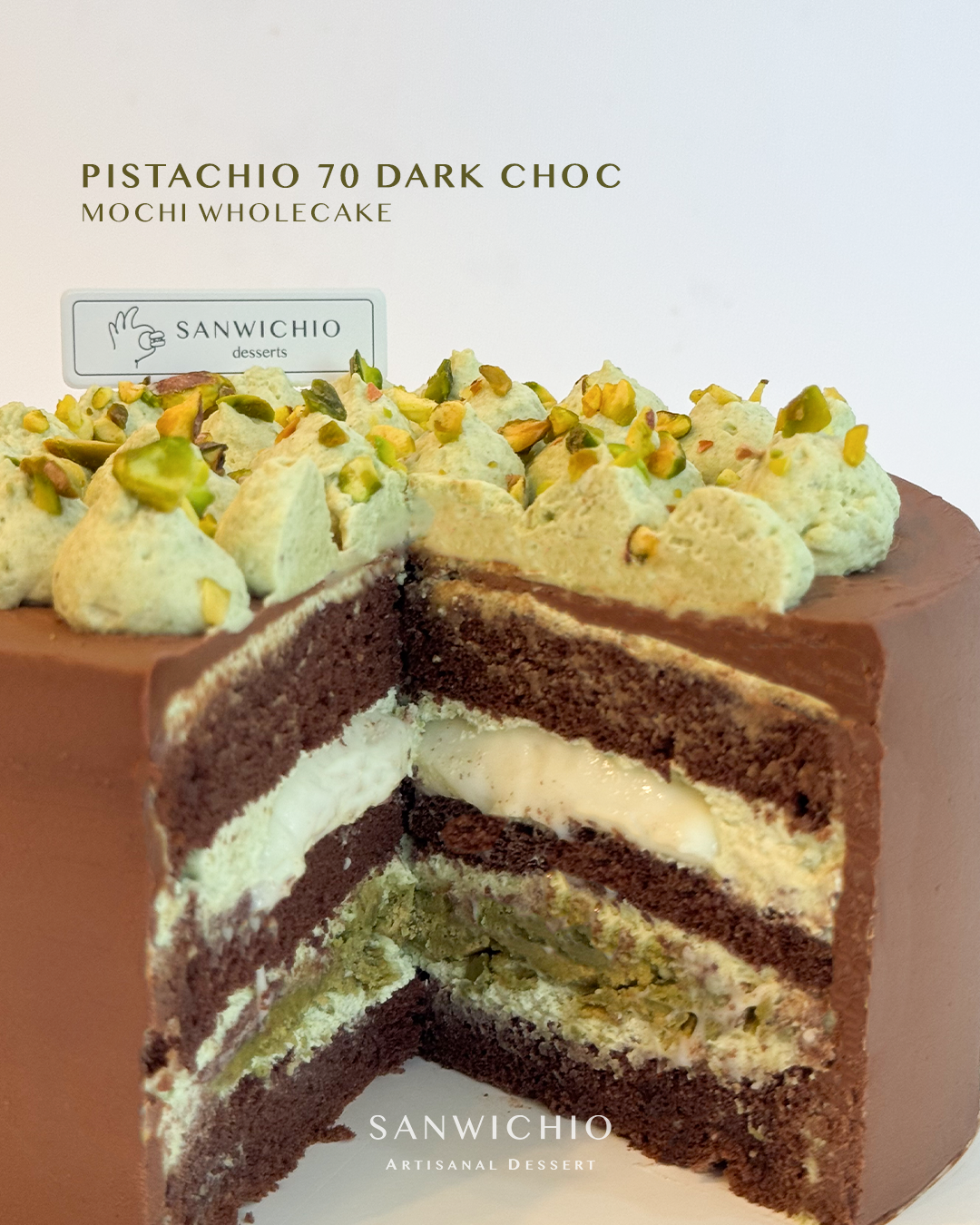 Pistachio 70 Dark Choc Mochi Wholecake